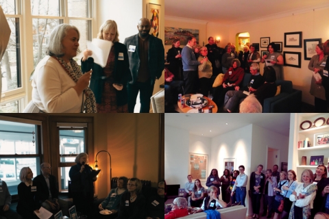 [ai] A collage of four images depicting social gatherings. The top left shows a speaker addressing a group, while the top right features a crowd listening intently. The bottom left highlights an intimate setting with a small group, and the bottom right presents a larger gathering.